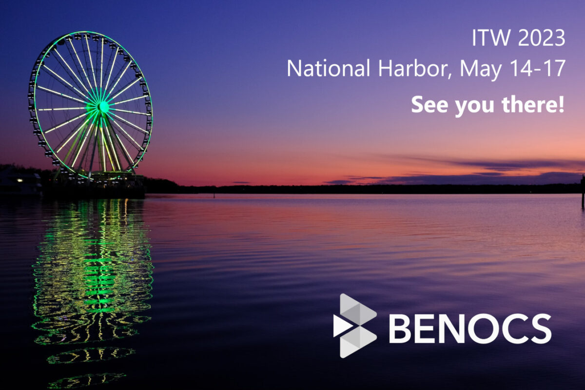 Ferris wheel illuminated in green at dusk, reflecting in water, with event details for ITW 2023 and Benocs logo.