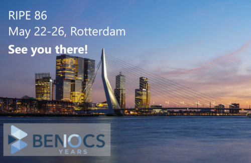 Skyline of Rotterdam at dusk with modern buildings and a bridge, promoting RIPE 86 event from May 22-26.